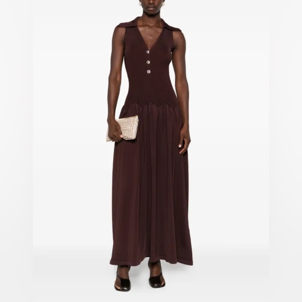 Self-Portrait Ribbed Knit Midi Dress in Brown